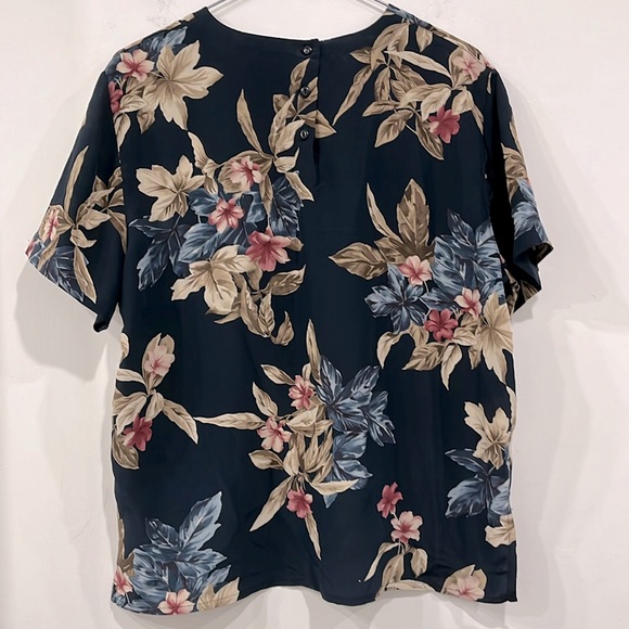 Rena Rowan Vintage Silk Short Sleeve Blouse Top Navy Blue Floral Large Petite - Picture 5 of 9